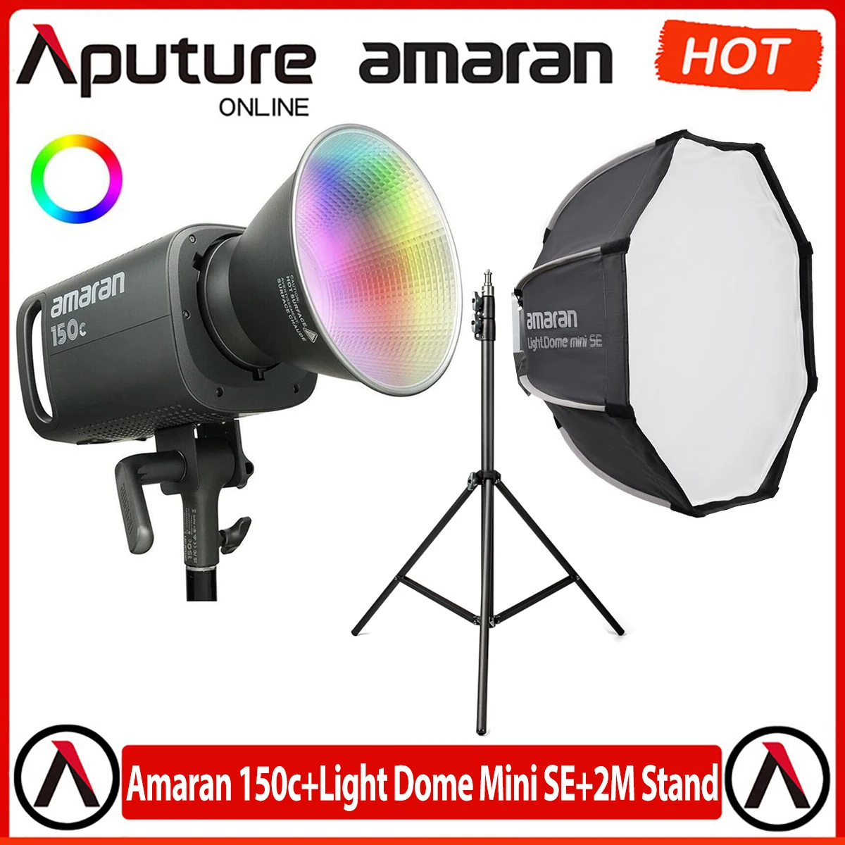 Aputure Amaran 150C RGB+Light Dome Mini SE+2M Light Stand,150W 2500K-7500K Bowens Mount COB Continuous Output Light, App Control