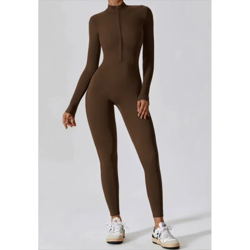 Half zip integrated long yoga jumpsuit solid color sexy long sleeved integrated sportswear for women