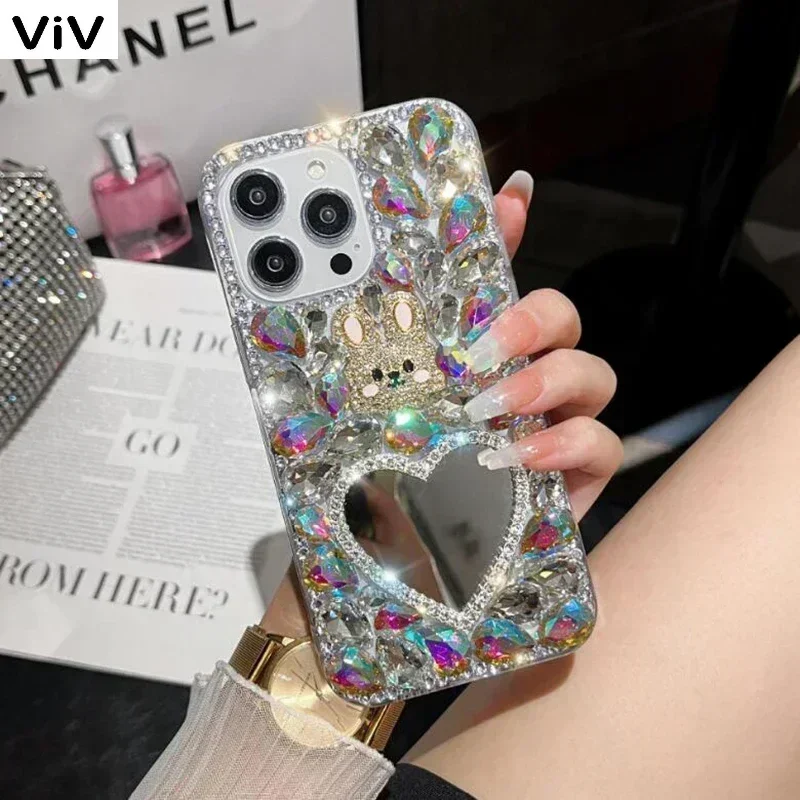 Bling Rhinestone Rabbit Mirror Case For Samsung GalaxyS24 S10 S20 Plus S21 FE S22 23Ultra Note20 10 Full Crystal Diamond Cover v