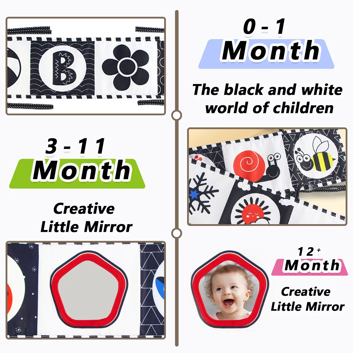 Livre en tissu pour literie de bébé, jouet sensoriel pour bébé à contraste élevé, livre d'activités doux et pliable, favorise le développement visuel du bébé