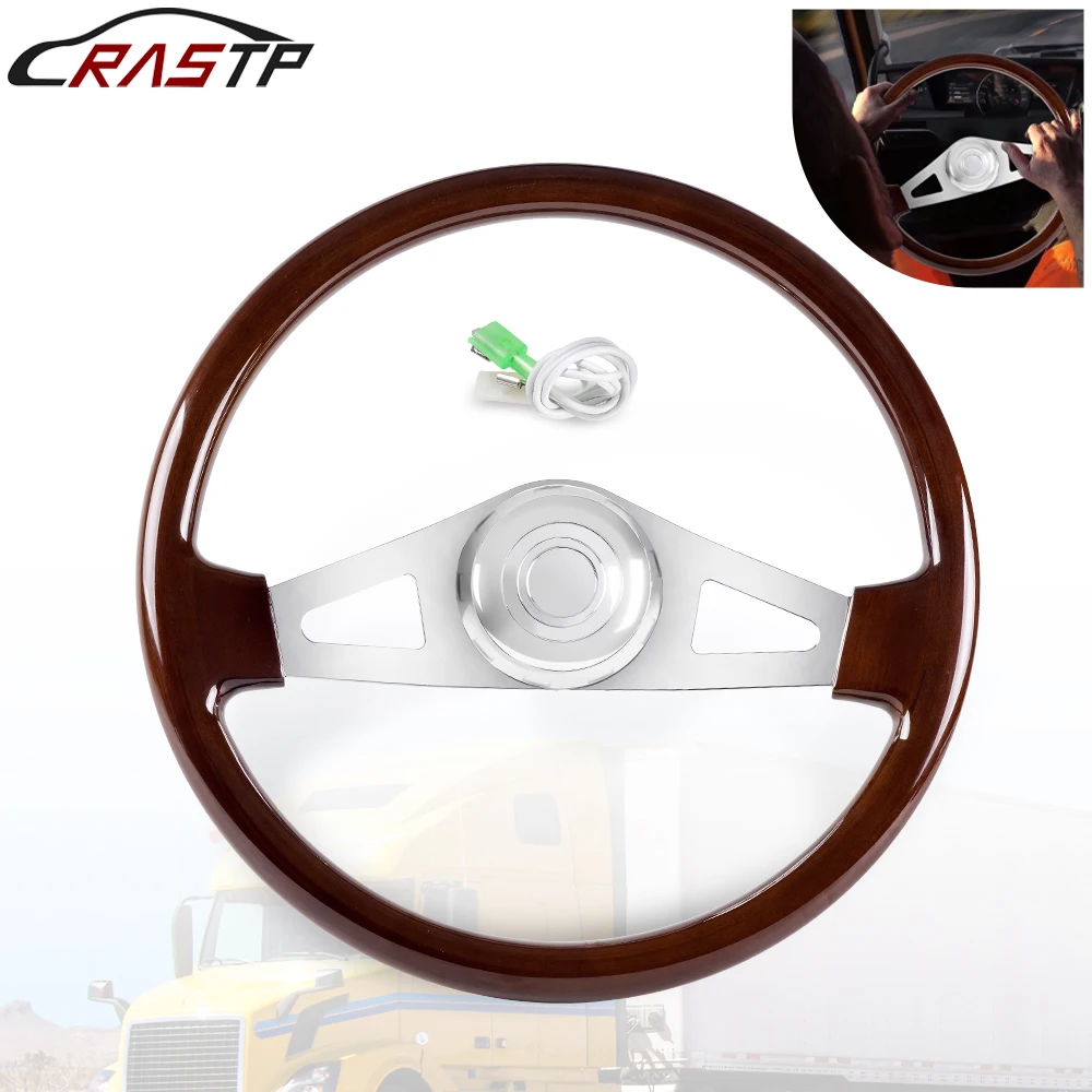 RASTP-18 Inch Steering Wheel Wooden Electroplated Steel 2 Forks for Freightliner/Kenworth/Peterbilt/Volvo RS-STW060