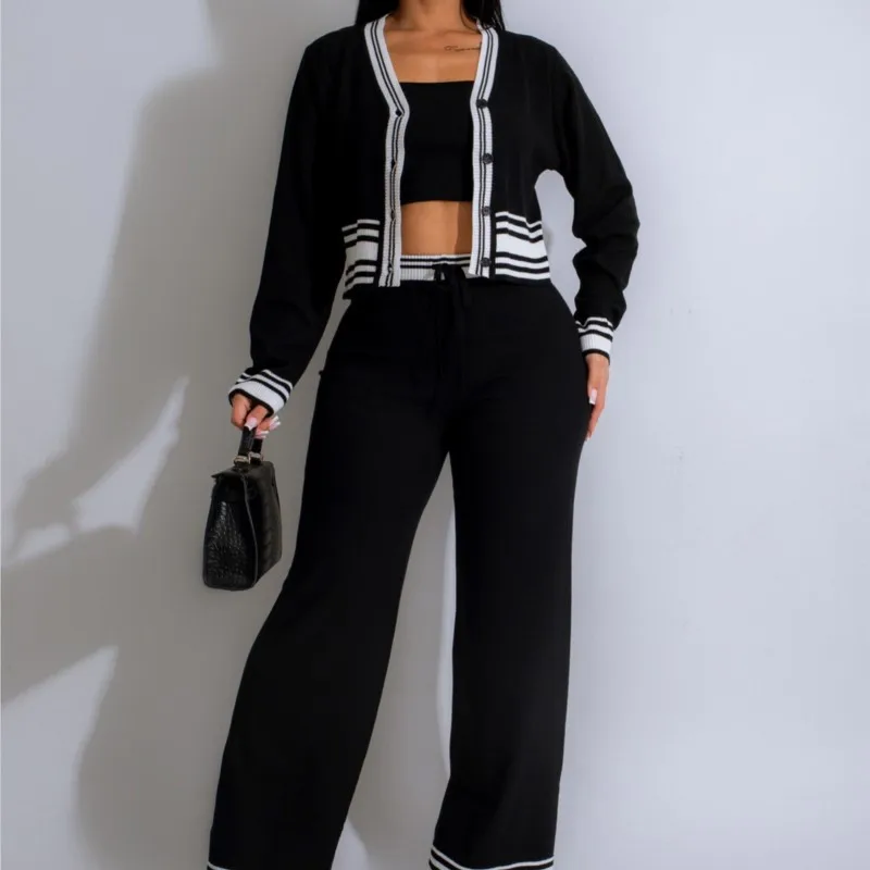 

2025 Autumn Winter New Women's Style Striped Cardigan Knit Casual 3-Piece Set Trendy Knitted Sweater Outfit Daily Wear