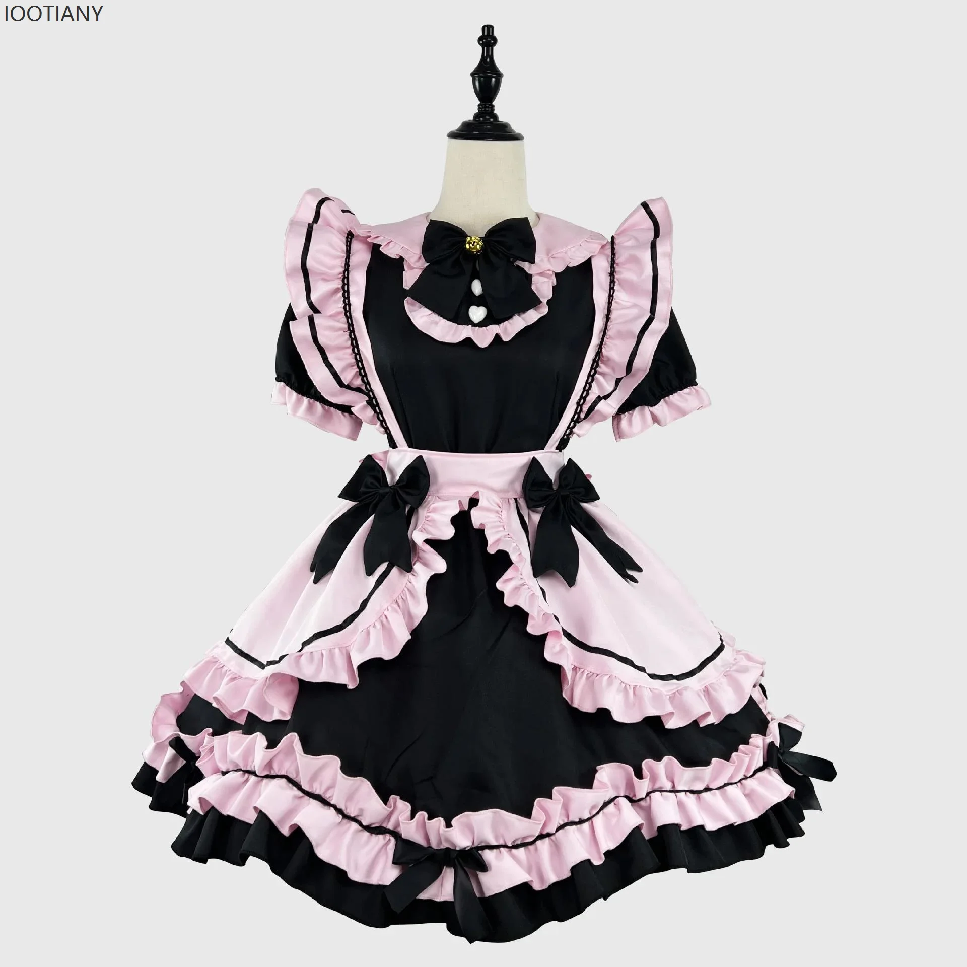 

Anime Gothic Lolita Short Sleeve Dress Cute Bow Maid Party Harajuku Kawaii Black Pink Ruffle Dress Cosplay Soft Girl Costume Set