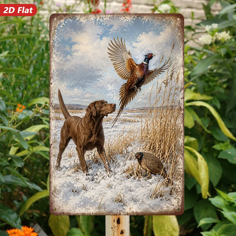 2D Flat, 1pc Metal Sign Wall Art, Retro Hunting Scene Decorative Painting, Dog and Pheasant Art, Rustic Style, Home Decor, Suita