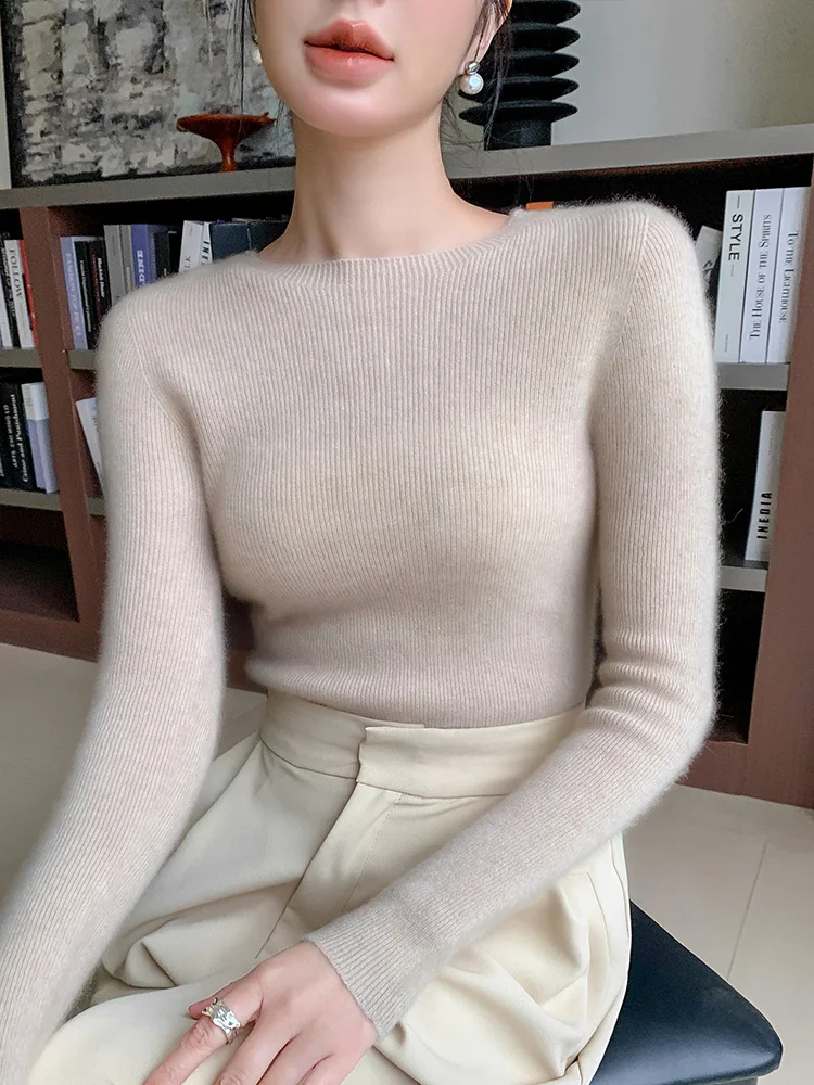 Spring and autumn women\'s sweater solid color 100% merino wool women\'s O-neck knit pullover slim soft sexy long sleeve top