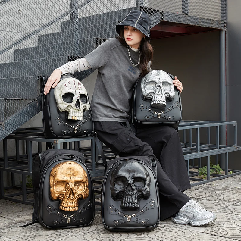 Man 3D Embossed Skull Punk Rock Gothic Leather Backpack Rivets Laptop Travel Soft Backpack With Hood Cap Women Grils Bag Hiphop