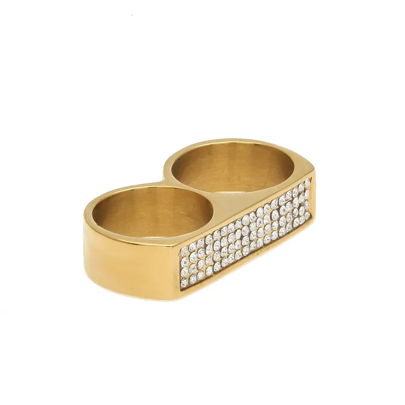 TUES Original Designer Stainless Steel Two Finger Ring Iced Out Hip Hop Polish Ring for Men Fashion Jewelry Birthday Gift 2024