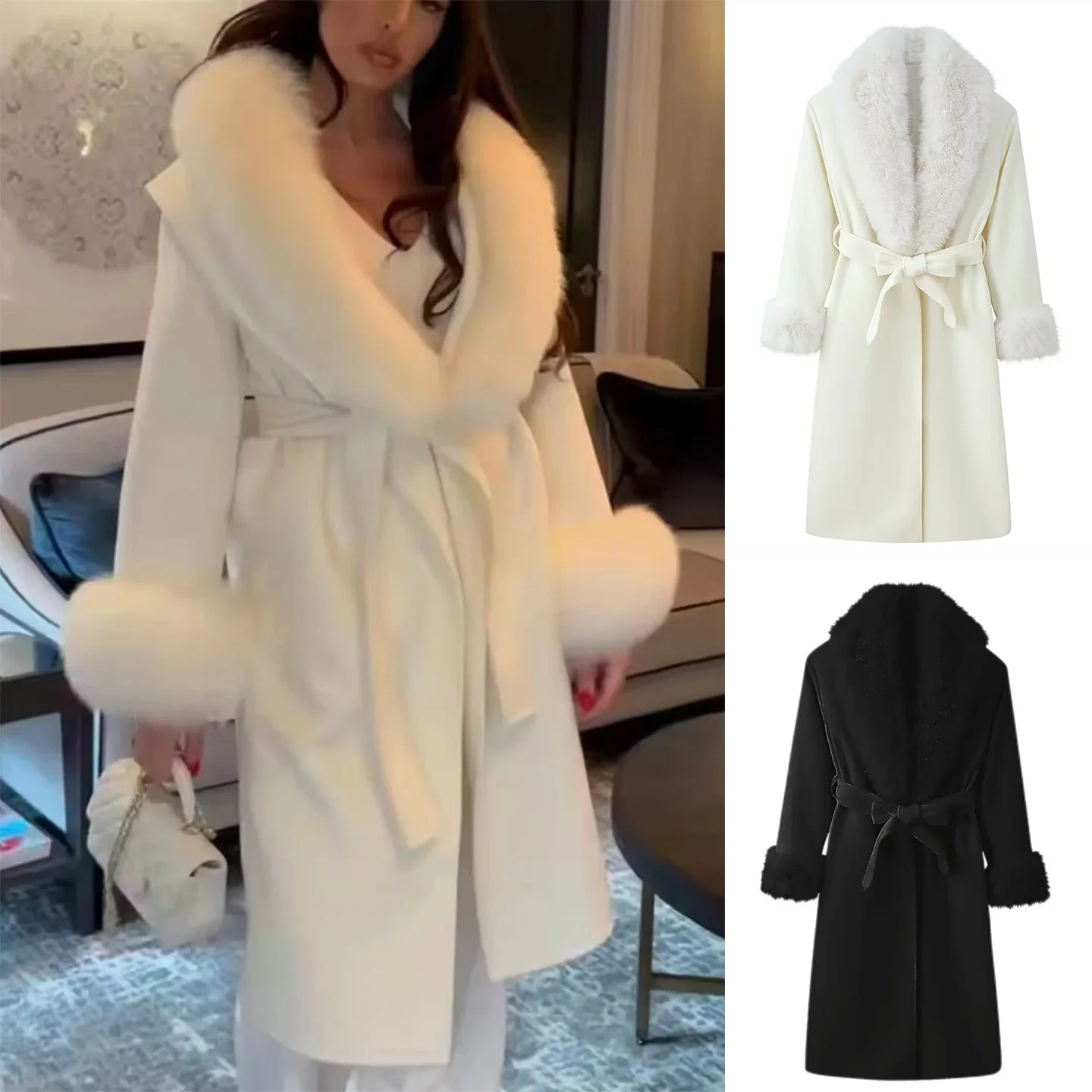 

Winter New Women's Lazy Sle Long Sve Turn-down Collar Knot Waist-cinching Belted Floor-length Woolen Coat