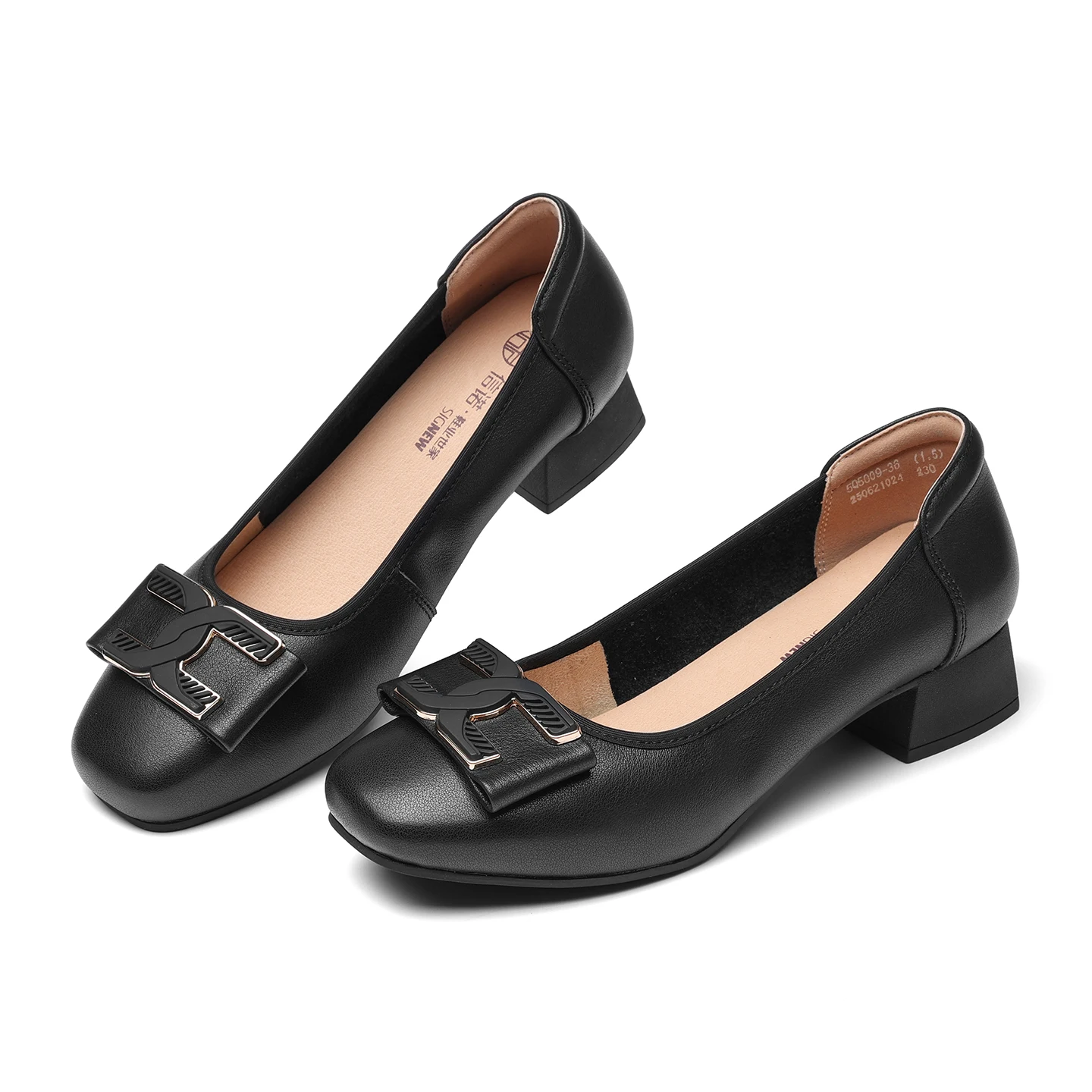 

Summer Women's Soft-Soled Nurse Shoes, Black Genuine Leather Chunky Heel Work Shoes, Comfortable Square Buckle Flats for Long Standing, Professional High Heels for Commuting