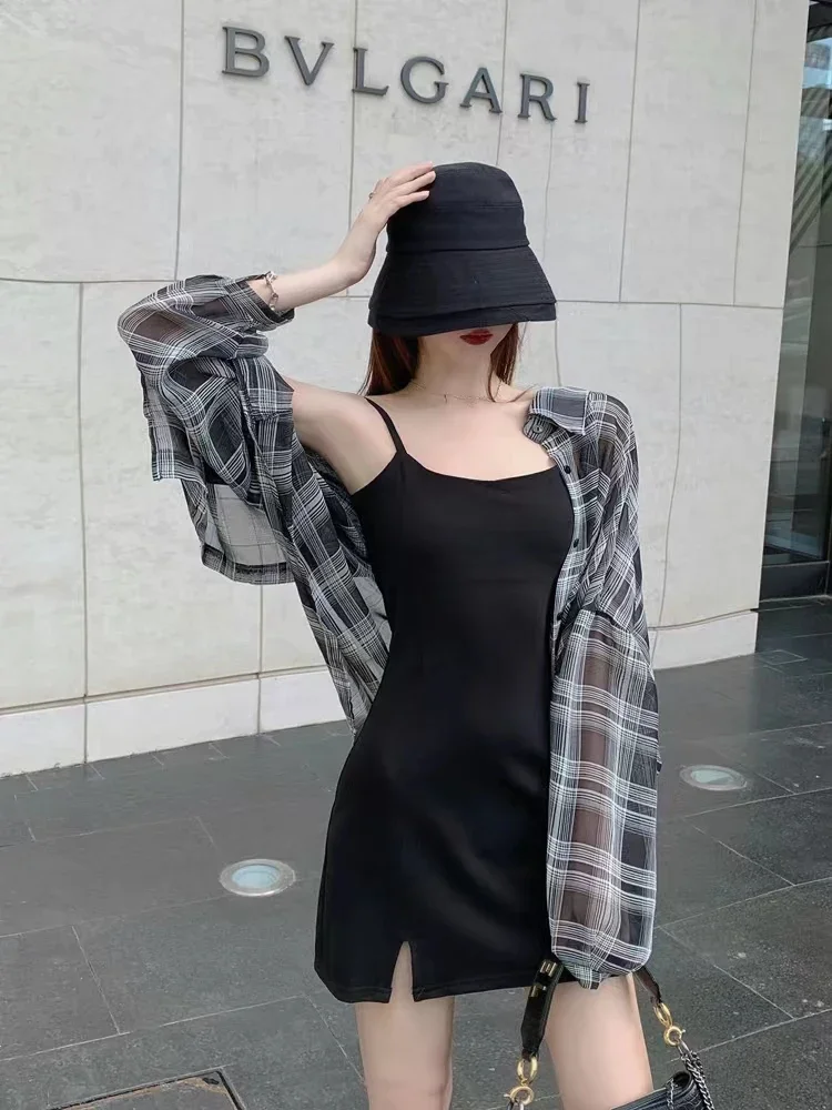 Blouses Women Plaid Chic Daily Outwear Loose Vacation Elegant Simple Long Sleeve Shirts Ladies Summer Sun-proof Shirt