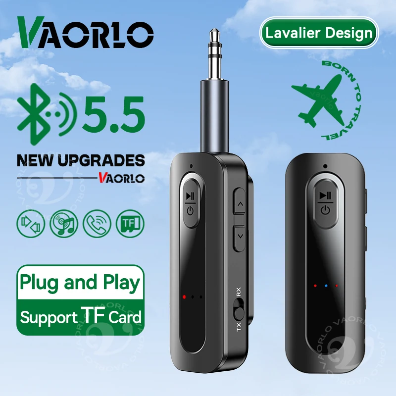 VAORLO Bluetooth 5.5 Audio Receiver Transmitter Support TF Card Play 3.5MM AUX Stereo Music Wireless Adapter With Mic For Car PC