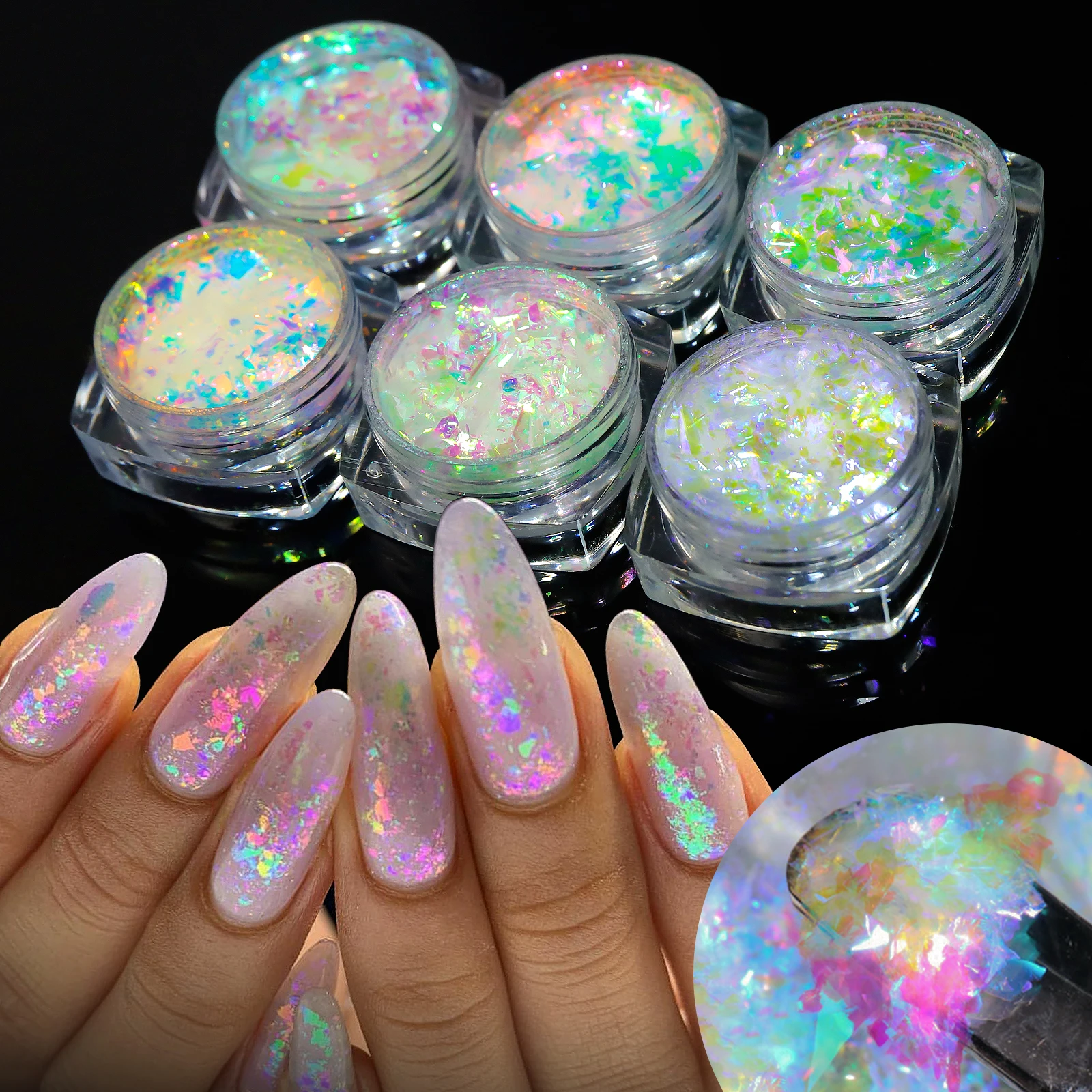 오로라 인어 네일 스팽글 글리터 플레이크 깨진 유리 네온 플레임, 홀로그램 아이스 슬라이스, 페일렛 아크릴 핑크 파우더 네일 아트