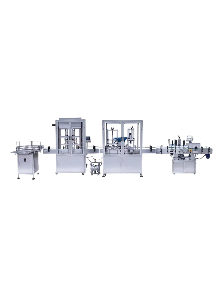 Fully automatic linear paste liquid assembly line,  rotating and rubbing the lid, aluminum foil sealing, and bottle collection