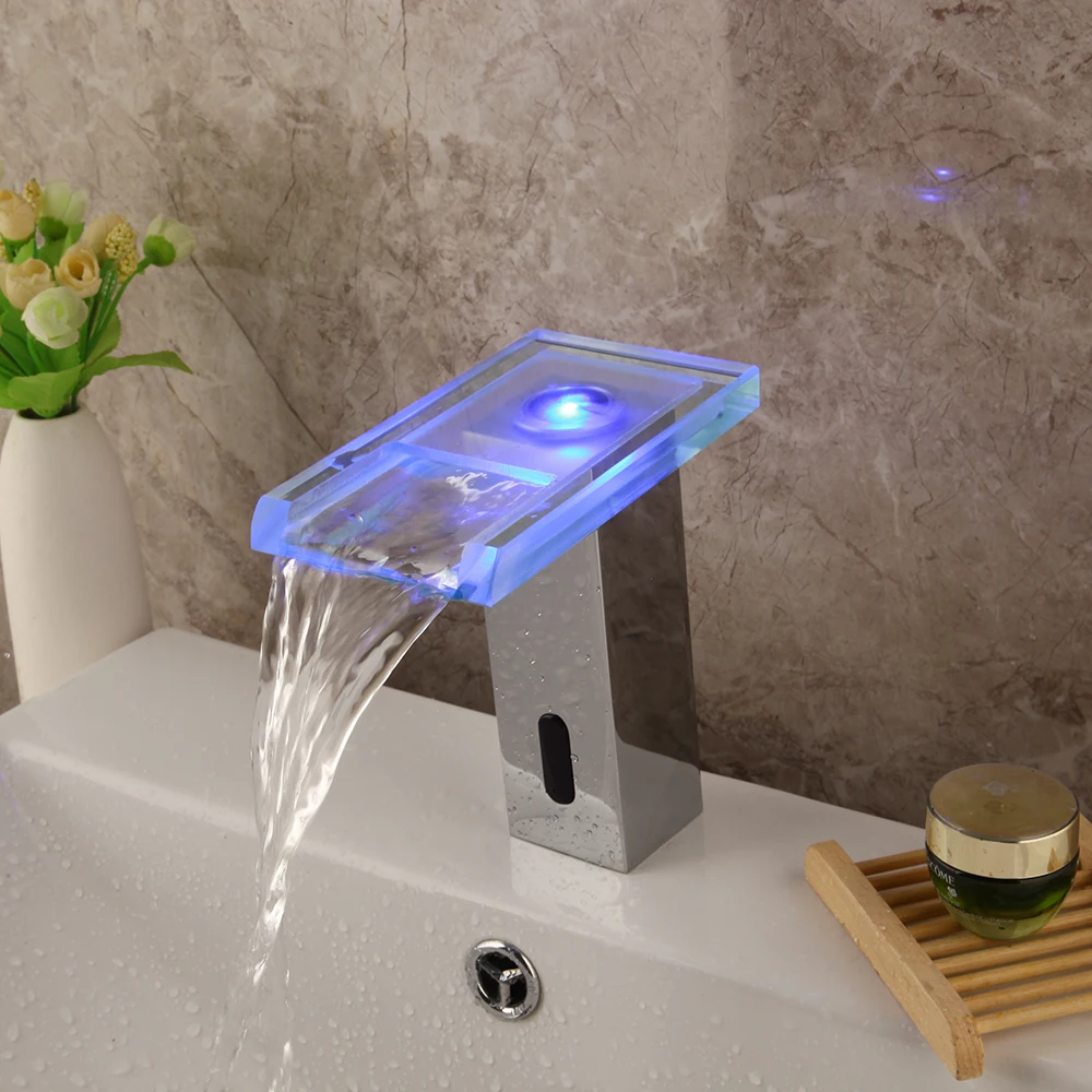 KEMAIDI Automatic Bathroom Faucet Waterfall Faucets with Led Glass Spout Smart Sensor Hot Cold Water Mixer Brass Tap Chrome