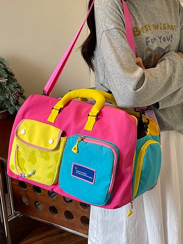 high-capacity-sport-fitness-bag-short-trip-ladies-travel-bag-with-multiple-pockets-color-block-design-oxford-cloth-durable