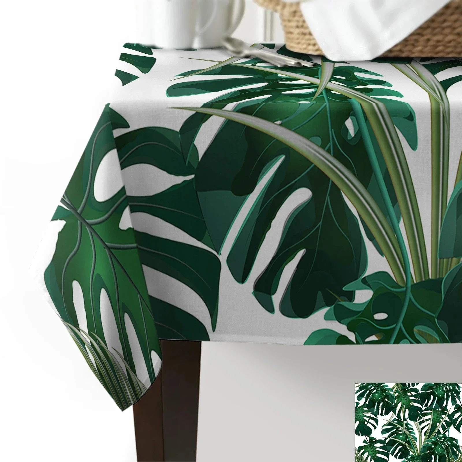 Tropical Jungle Leaves Monstera Green White Waterproof Tablecloths Kitchen Coffee Table Cloth for Living Room Dining Table Decor