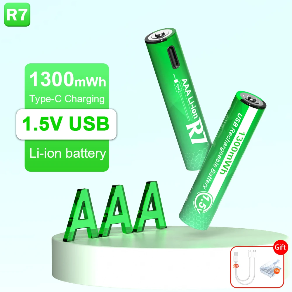 

High capacity 1.5V AAA 1300 mWh USB rechargeable li-ion battery for Remote control wireless mouse + Cable