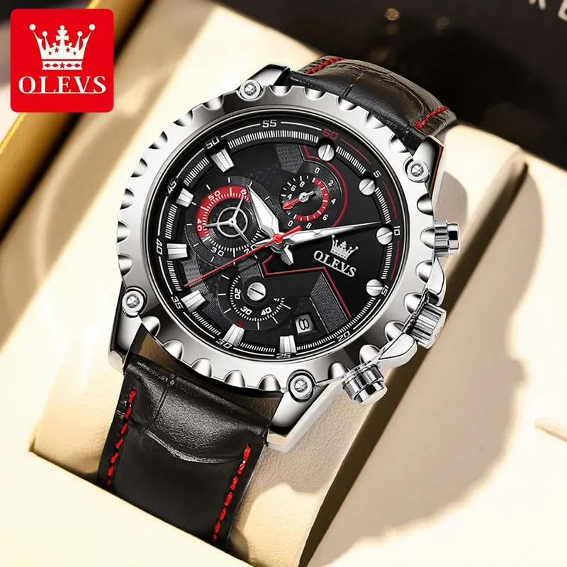 

Olevs 2873 men's watch big dial 46mm deep waterproof sport watches men Quartz fashion chronograph wristwatch leater strap