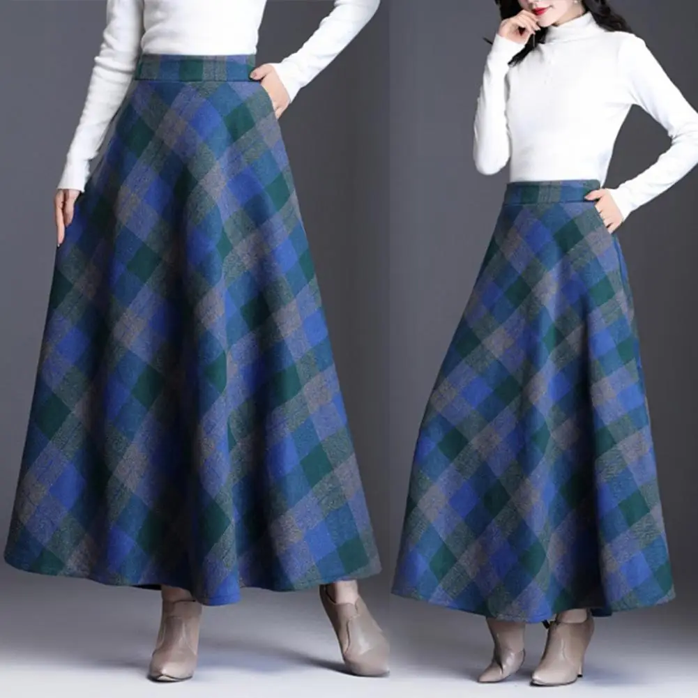 

Women Woolen Skirt High Waist Slimming Skirt Plaid Print A-Line Skirt Autumn Winter Thickened Large Hem Skirts Daily Wear faldas