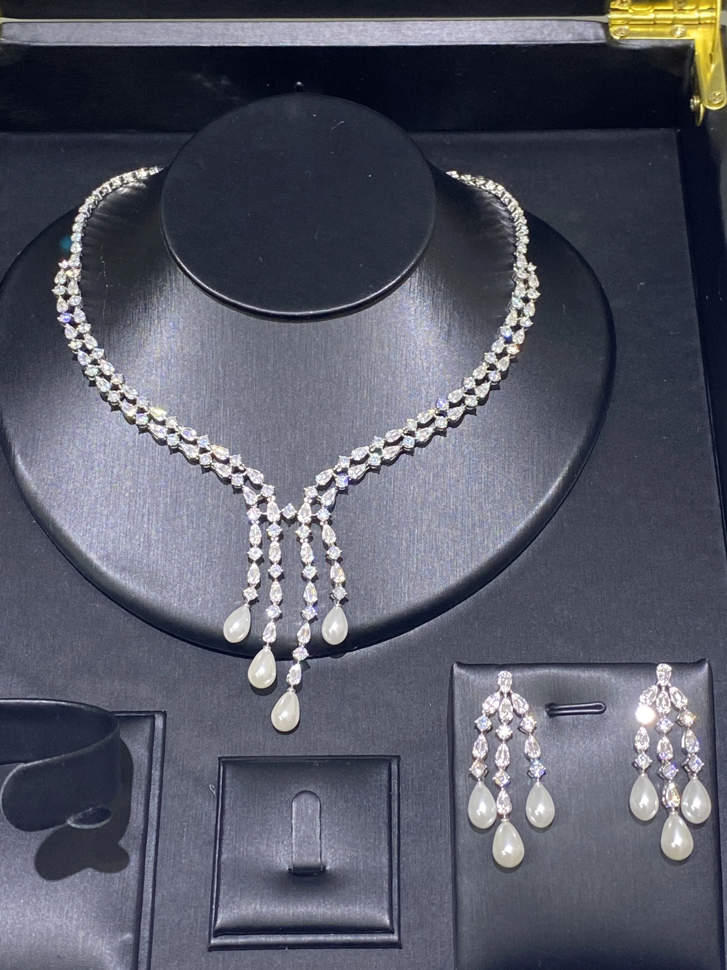 INJEWELIFE 2PC Tassel Pearls Necklace and Earring for Women's Trendy Cubic Zirconia Jewelry Set Dubai Party Bridal Jewellery