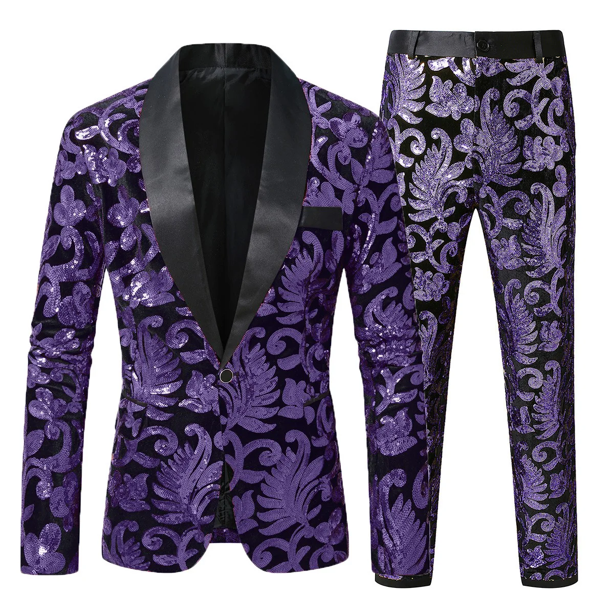 Golden men's stage performance, host sequin styled suit set, fine top + pants. Red, blue, purple can choose
