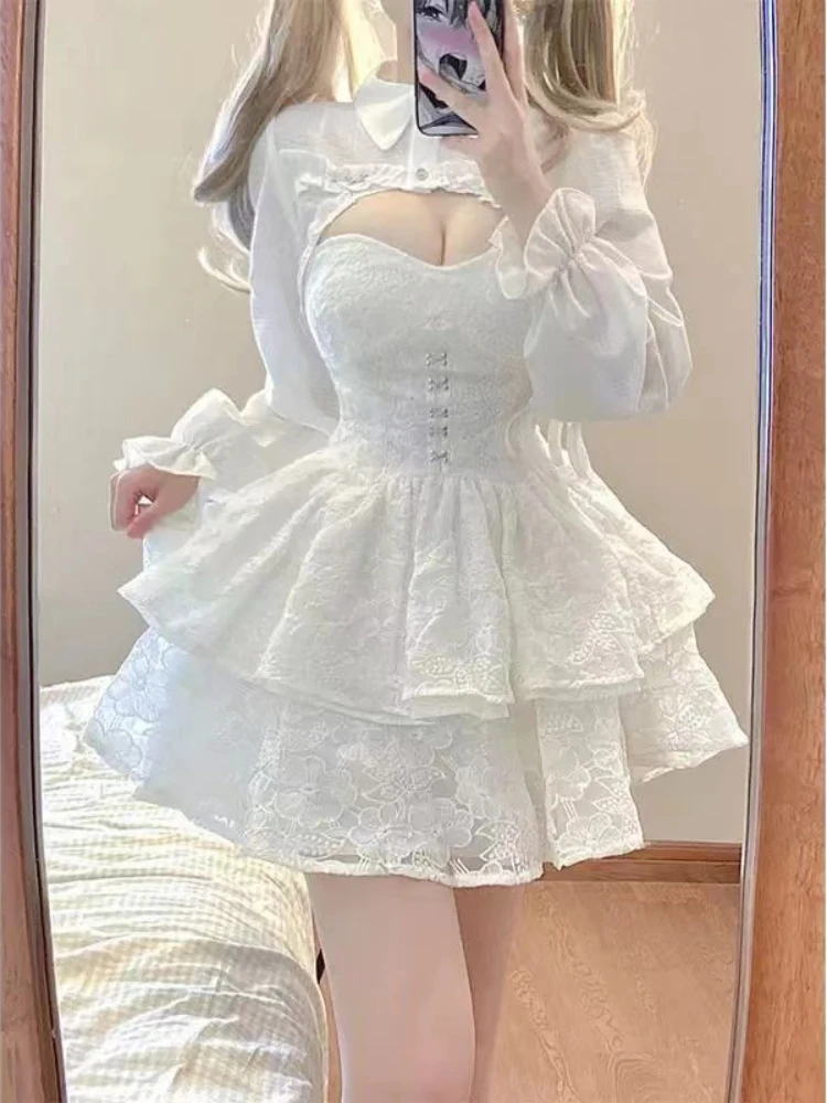 

Japanese-style cute Lolita dress: Elegant and sweet lace ruffled white lace-up sexy and fashionable birthday party fairy dress