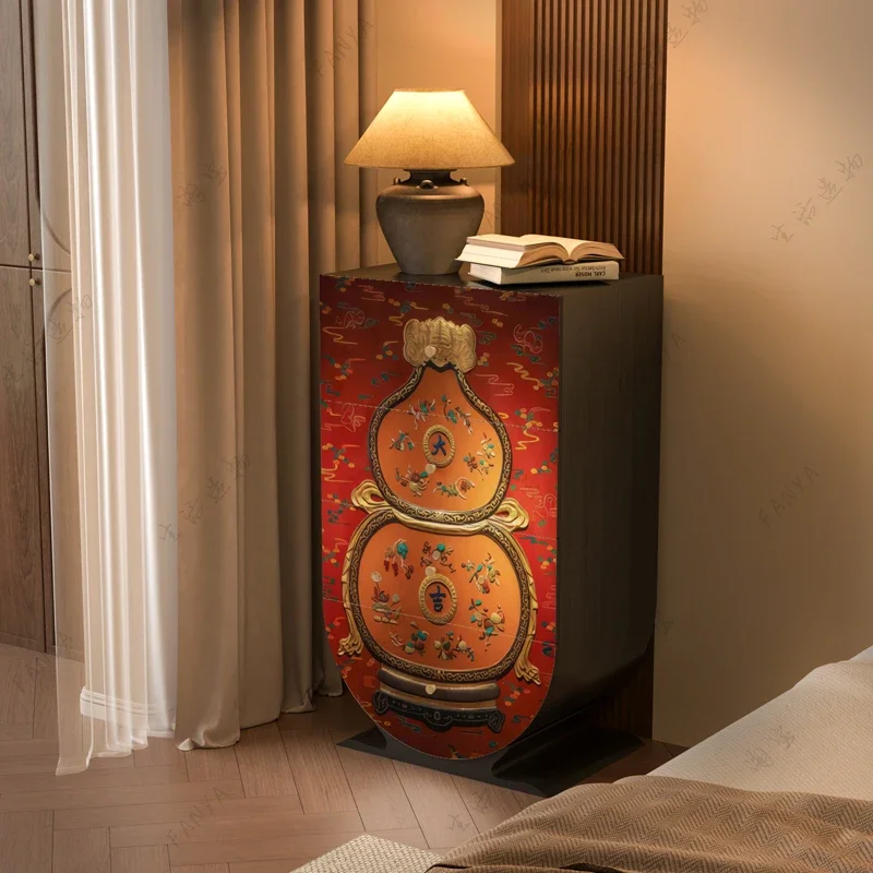 Chinese style solid wood four-chest living room entrance, gourd lacquer painting, storage, multi-functional storage