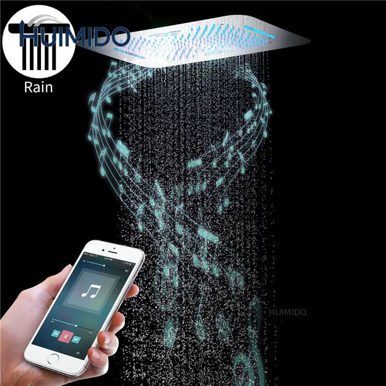 Chrome LED ceiling-mounted rain shower system, Bluetooth music speaker, water mixer valve, handheld bathroom shower set