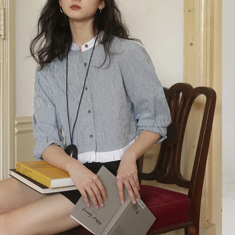 Color Woven Salt Shrink Stripe Patchwork Short Shirt Stand Collar Princess Sleeve Outerwear Casual Style Comfortable Fit Cott...