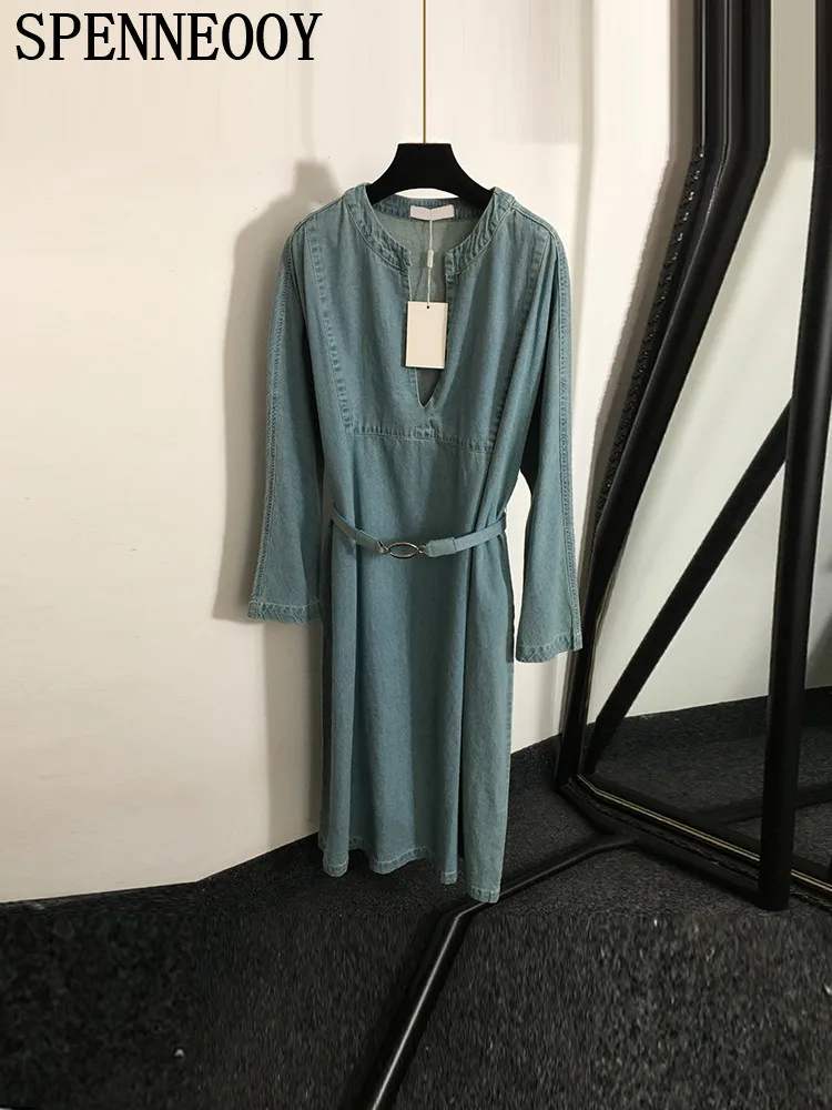 

SPENNEOOY Fashion Runway Autumn Smalt Blue Midi Cowboy Dress Women's Deep V-Neck Loose Long Sleeve Belt Pockets Long Dress