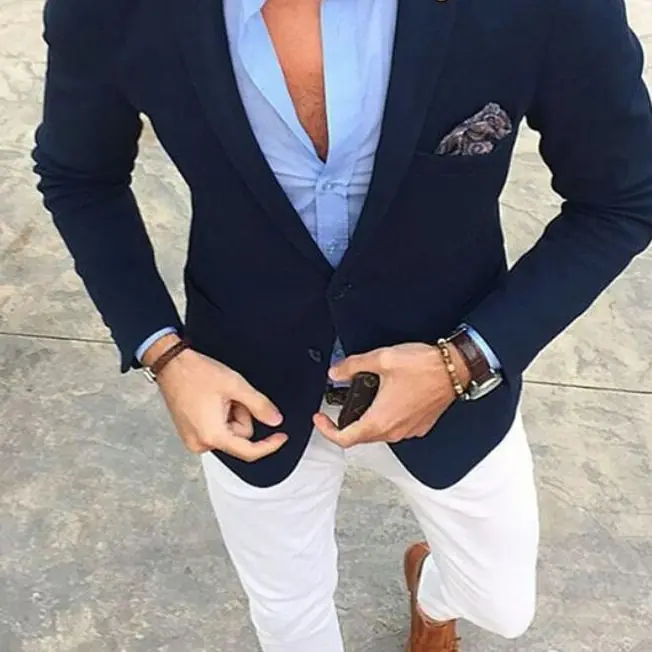 

Casual Men Suit Groom Tuxedos Single Breasted Navy Jacket with White Pants Slim Fit Wedding Guest Wear Prom Party Formal Suit