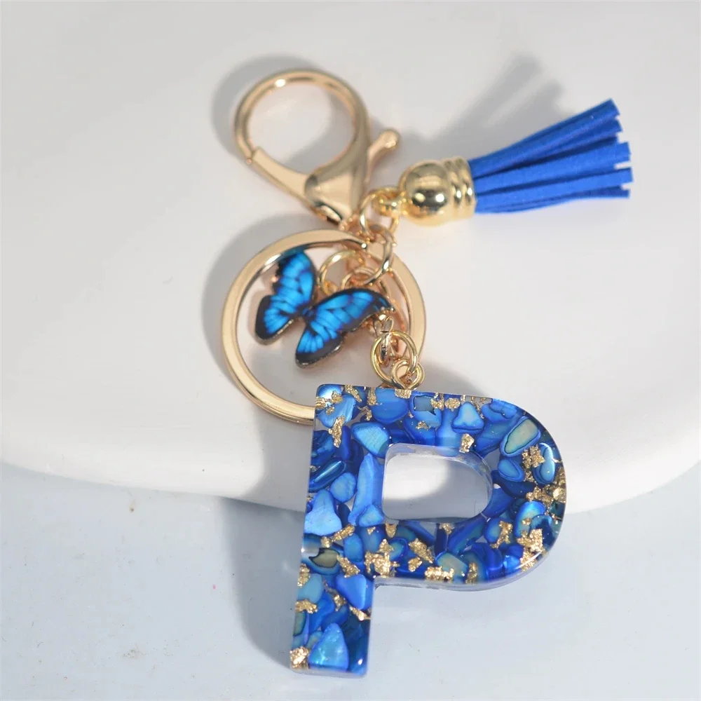 Modischer blauer glasierter Stein, A bis Z, Buchstaben-Schlüsselanhänger, 26 Initialen, Alphabet, Schmetterling, Quaste, Anhänger, Auto-Schlüsselanhänger, Damenschmuck, Geschenke