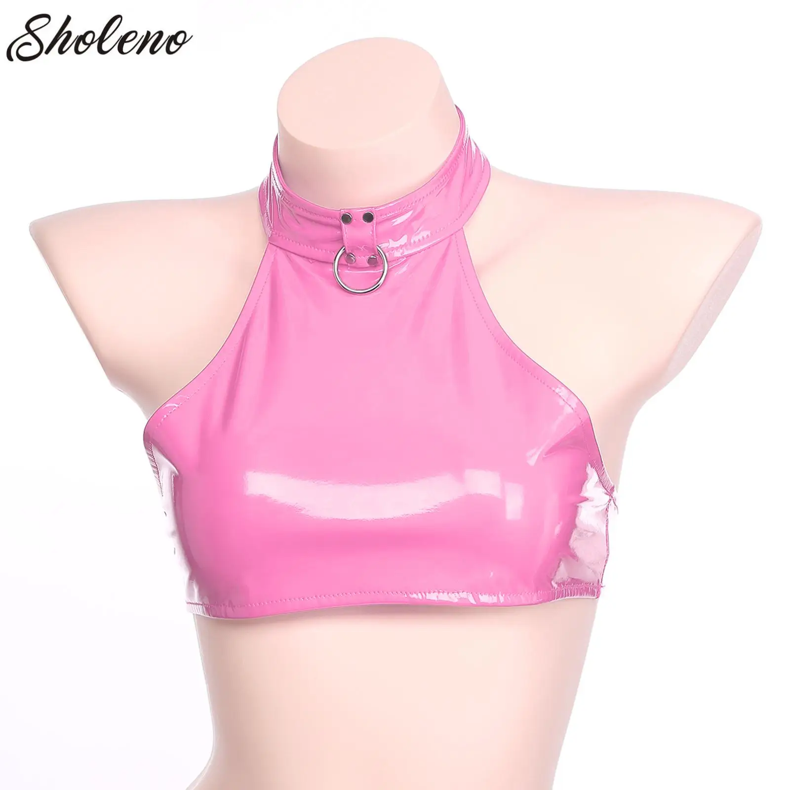 

Womens Latex Vest Crop Tops Underboob Camisole O Ring Halter Backless Sleeveless Patent Leather Bralette Bustier for Party Club