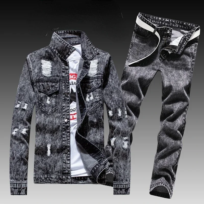 2024 New Fashion Men's Casual Denim Coat with Long Pants A Suit Korean Version of The Trend Handsome Jacket Men's Waistcoat