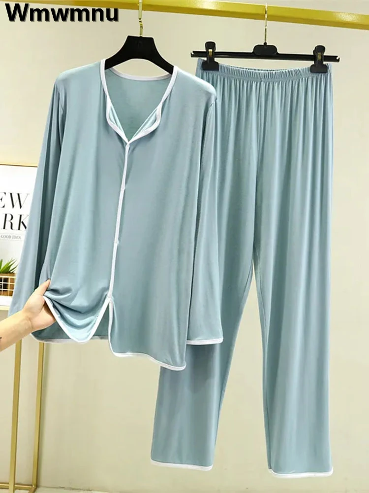 Modal Cotton ชุดนอน2ชิ้นชุดสตรีฤดูใบไม้ผลิหลวมแขนยาว Loungewear ชุด Casual Nightwears กางเกงชุดนอนชุด