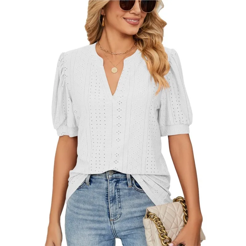 Fashion New T Shirts For Women Vintage Short Sleeve And V-neck Solid Color Tees Casual Elegant Female\'s Pullover Top 2024 Summer
