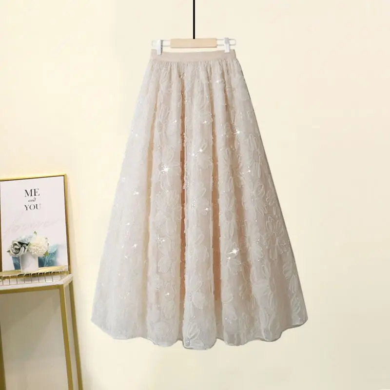 

Korean Sweet Summer New Women's Solid Color Elastic Waist Gauze Sequined Jacquard Weave Fashion Loose High Waist A-line Skirt