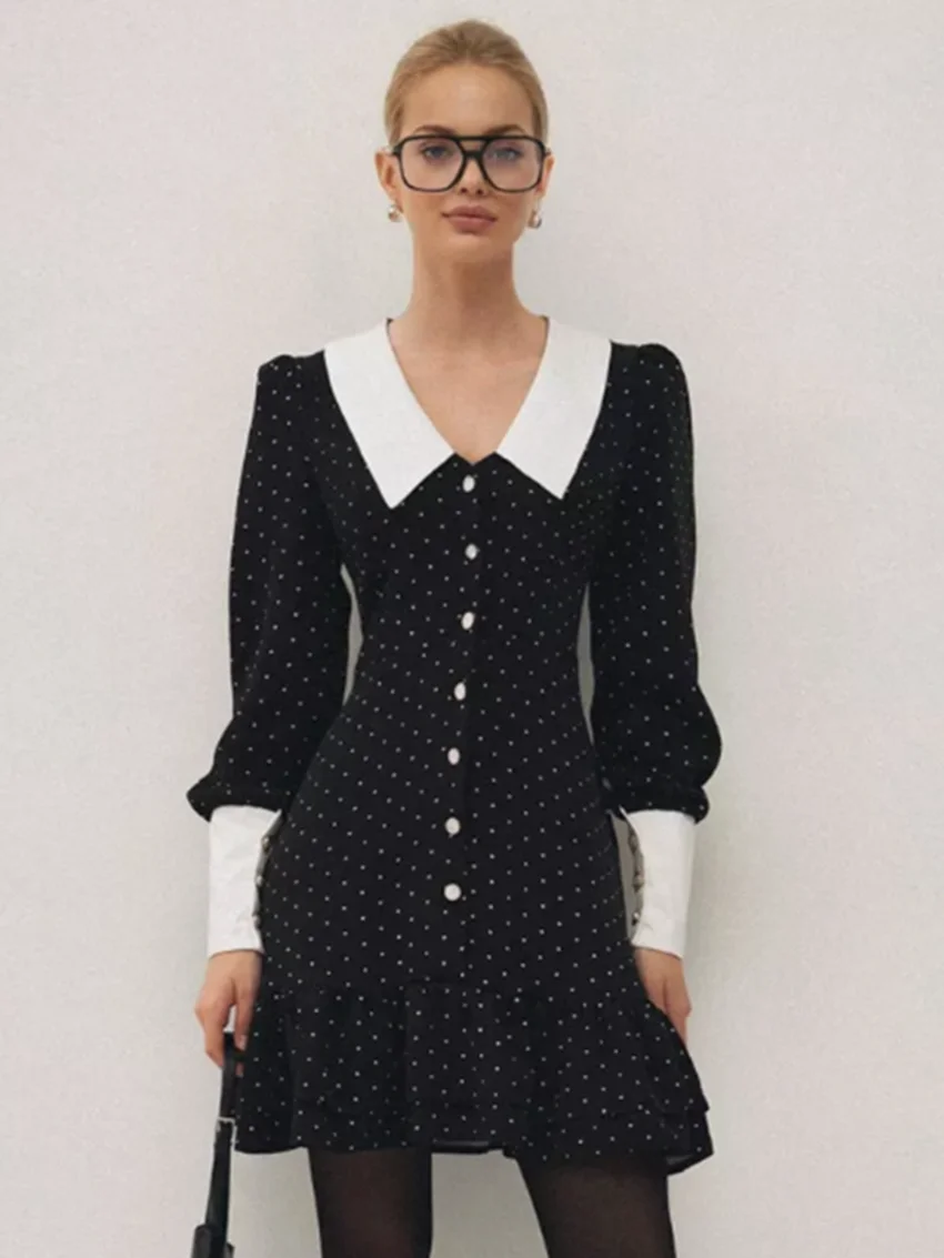 Parc Fee mode ample noir Patchwork femmes robe décontracté revers lanterne manches Mini robes élégant classique à volants femme robe