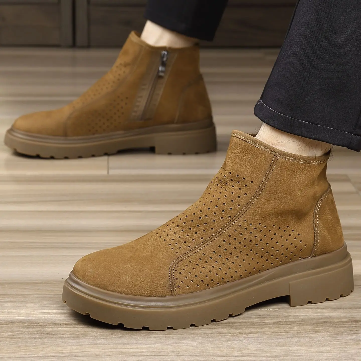 High Top Genuine Leather Shoes Men Hollow Breathable Trendy Casual Luxury Boots Original Oxford Loafers Zipper Sneakers Summer