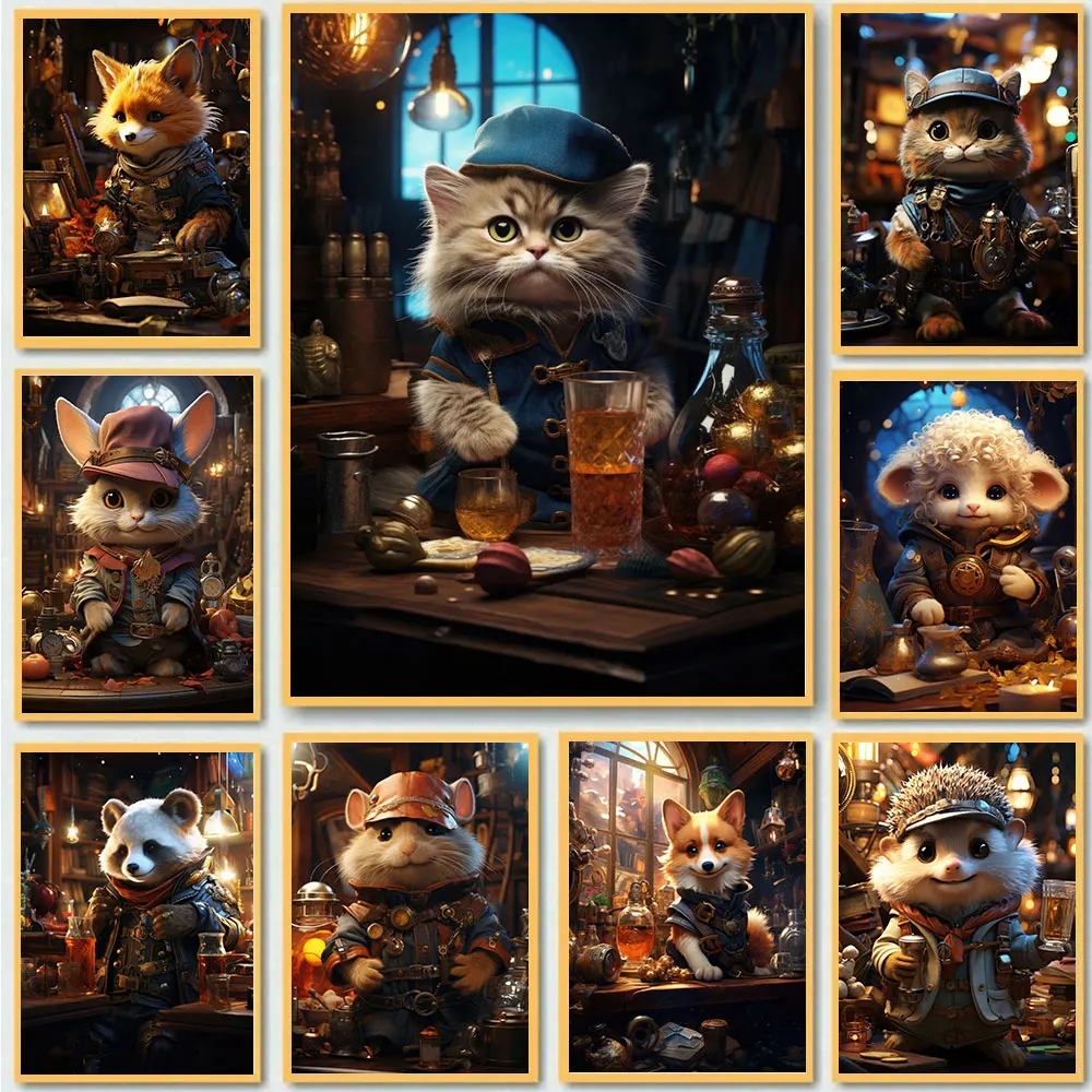 Steampunk Cute Animals Poster Print Fox Hedgehog Hamster Cat Canvas Printing Wall Art Pictures For Living Room Home Decoration