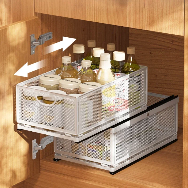 Metal Cabinet No-Drill Large Capacity Pull Basket Easy-Clean Drop-Proof Kitchen Shelf with Convenient Pull-Out Bin