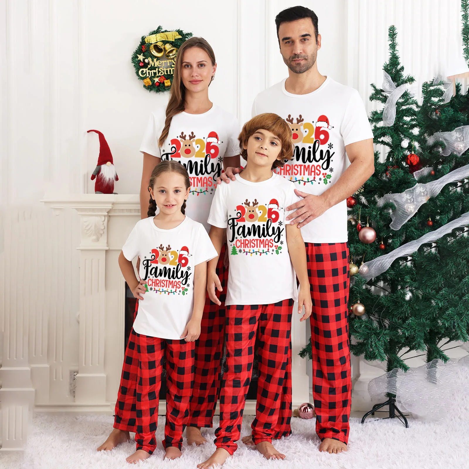 New 2026 Short Sleeve Tops+Trousers Christmas Letters Print Pajamas Set Adults Kids Matching Outfits Baby Romper Family Look Pjs