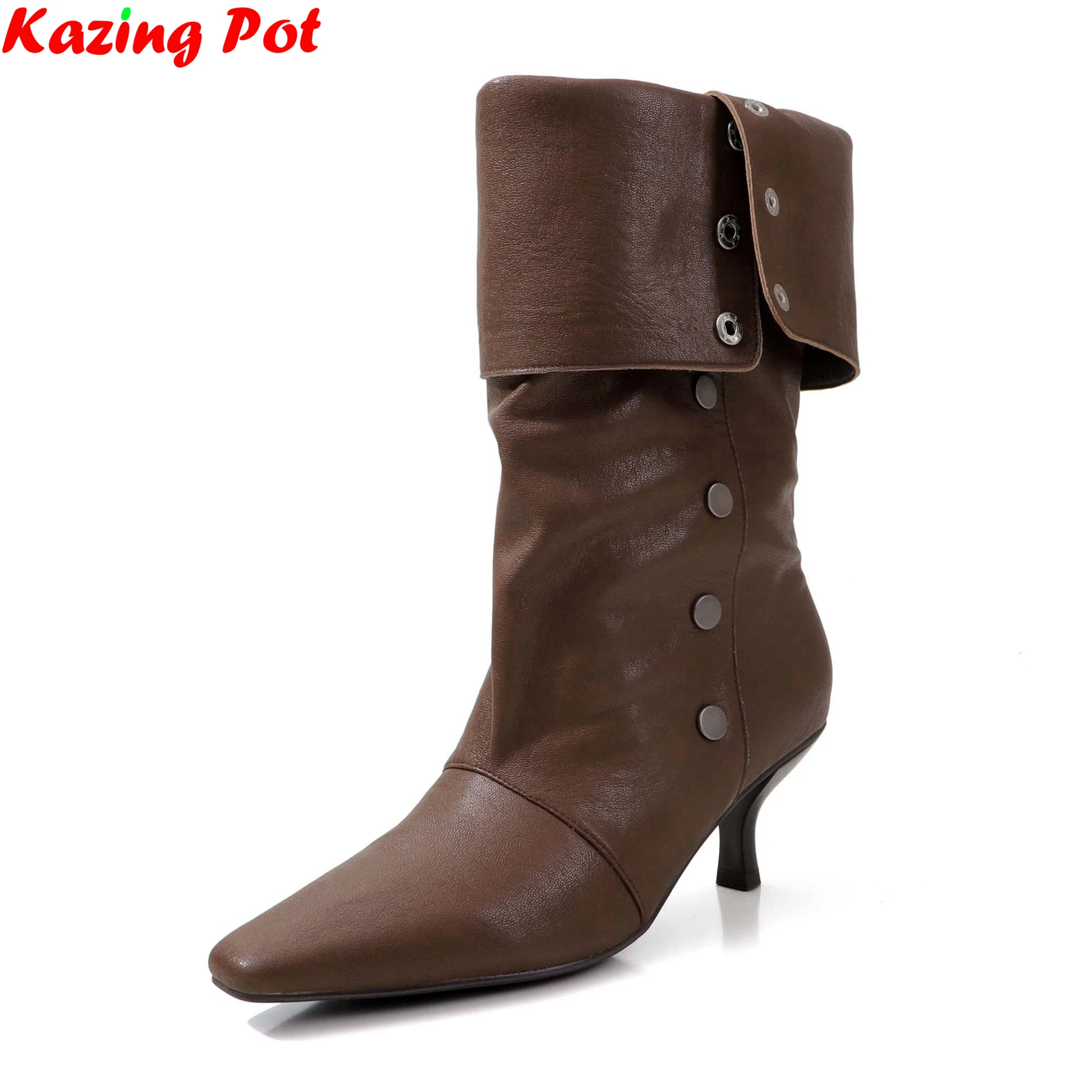 2027 Cow Skin High Heels Fashion Modern Boots Warm Winter Shoes Rivets Catwalk Dating Office Lady Casual Women Mid-calf Boots