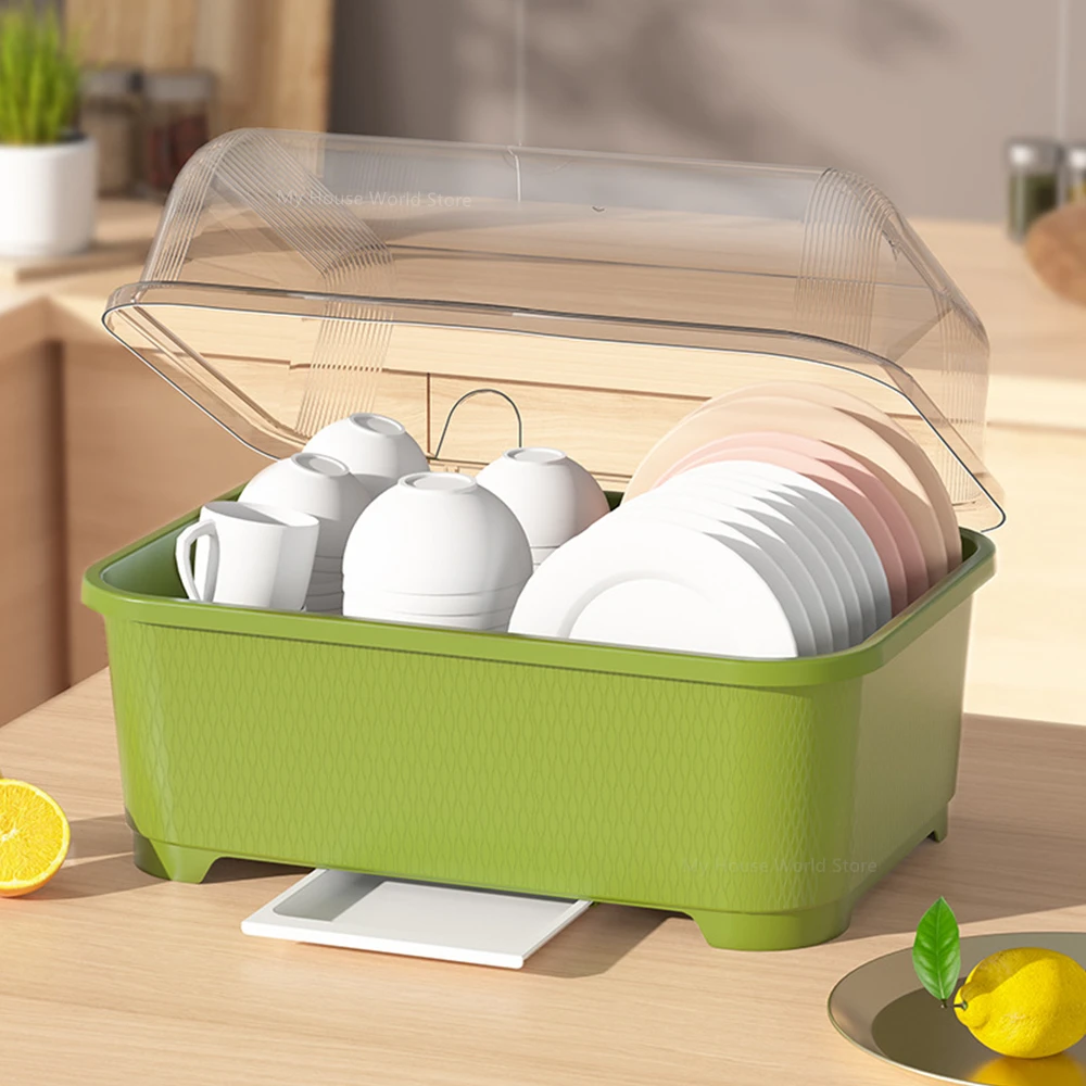 Dish Drainer Storage Kitchen Organizer with Lid Dust Proof Drainable Plastic Cabinet Dishes Storage Rack Kitchen Accessories