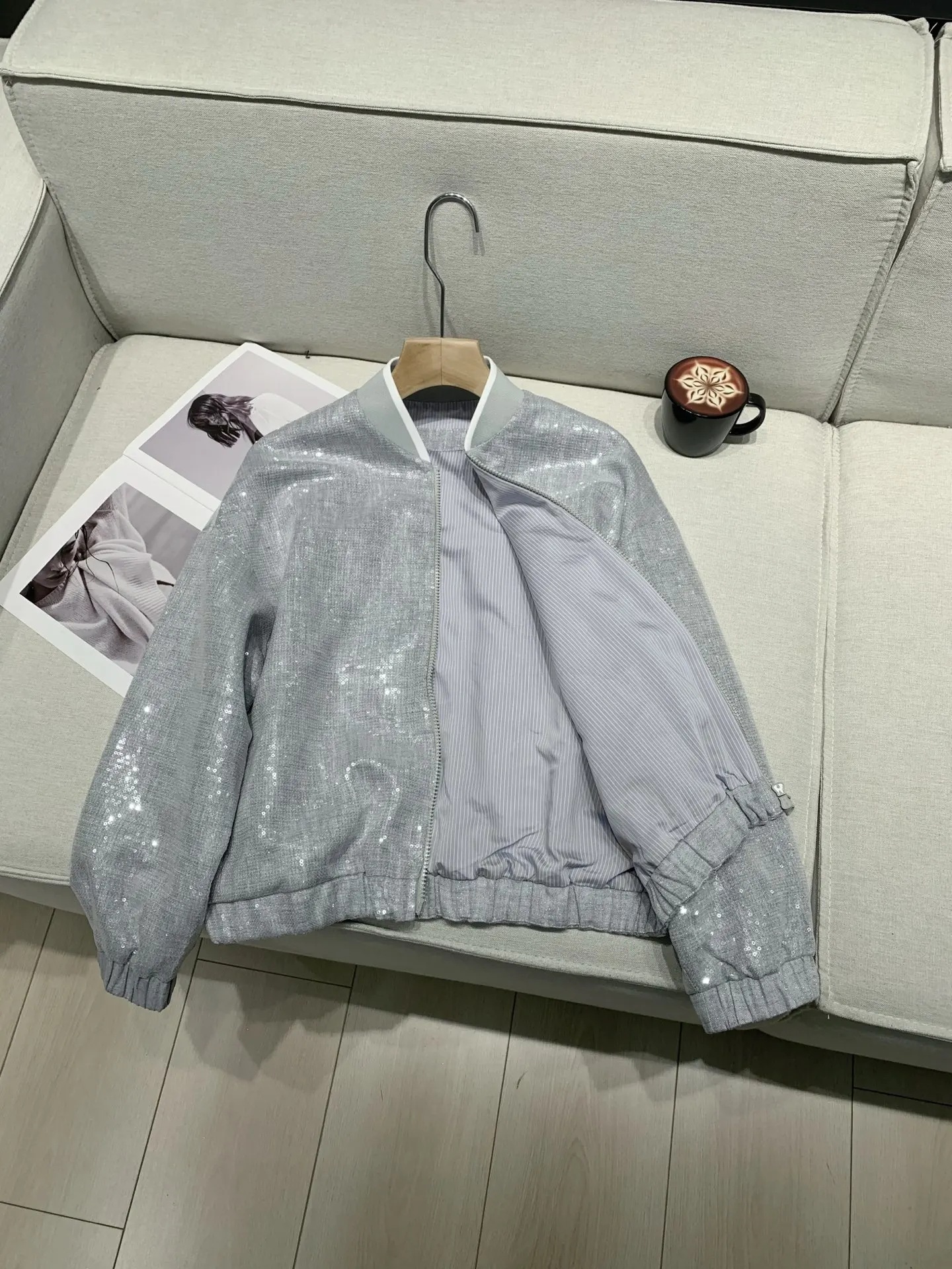 

Women Sequined Zipper Coat Spring Stand Collar Long Sleeve Solid Color Fashion Linen Jacket