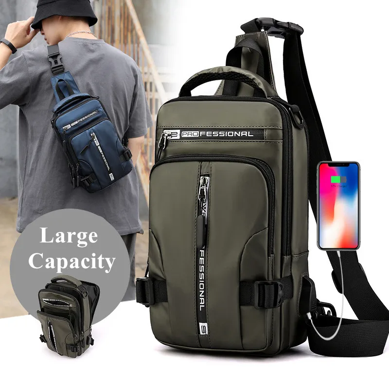 Multifunction Nylon Chest Bag Men Waterproof Men Crossbody Bag Anti-theft Travel Bag Male USB Charging Chest Bag Pack Backpack