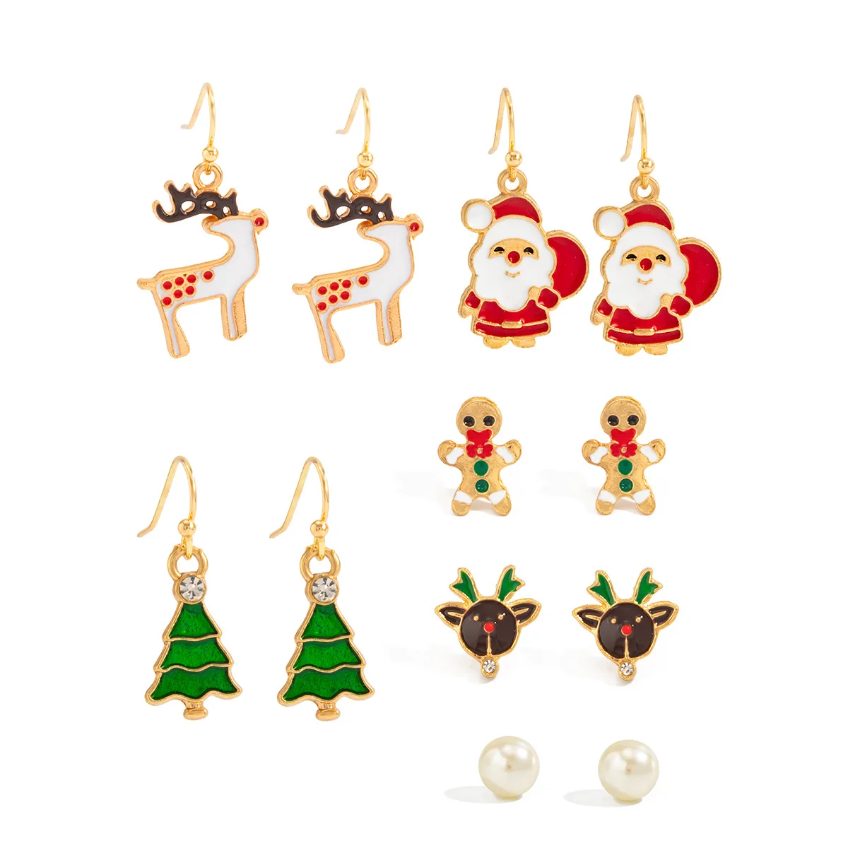 High Quality Christmas Earrings Set Snowflake Bell Pendant Cartoon Enamel Reindeer Santa Claus Pearl Charm Stud