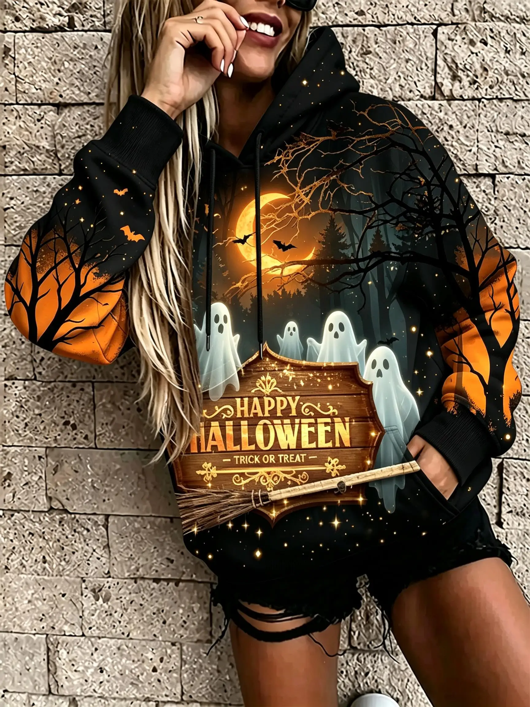 Womens Halloween Haunted House Pumpkin Ghost Bat Print Fleece Hoodie Full Pattern Hooded Pullover Tops