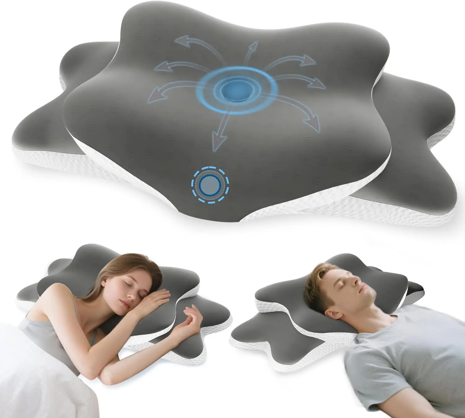 Memory-Schaum-Kissen, Nackenkissen, Nackenkissen, ergonomische Kontur, Seitenschläfer für seitliche Rücken- und Bauchschläfer mit Kissenbezug, Grau