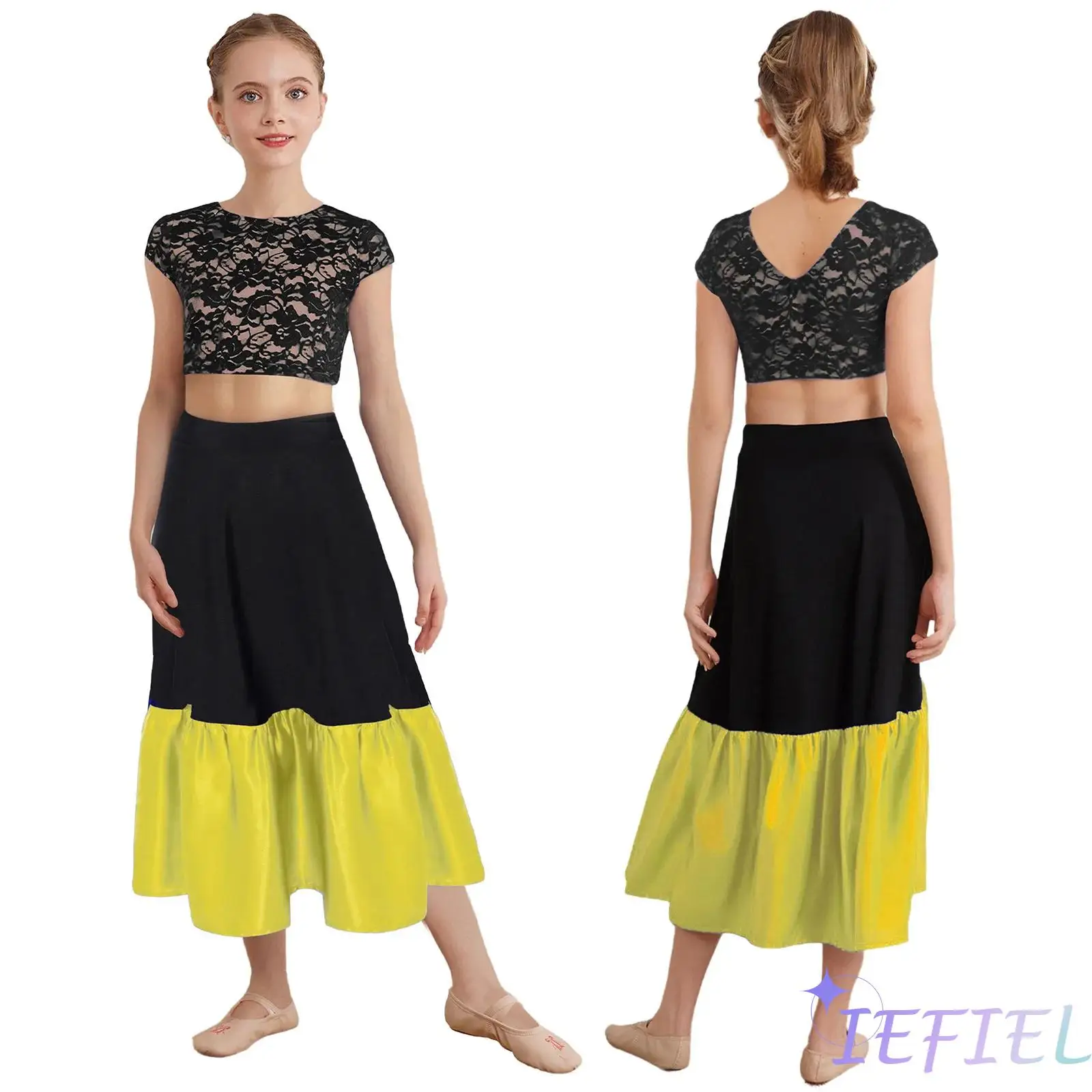 

Girls Flamenco Dance Performance Costume V-Back Floral Lace Crop Top with Elastic Waistband Color Block Ruffled Hem Skirt